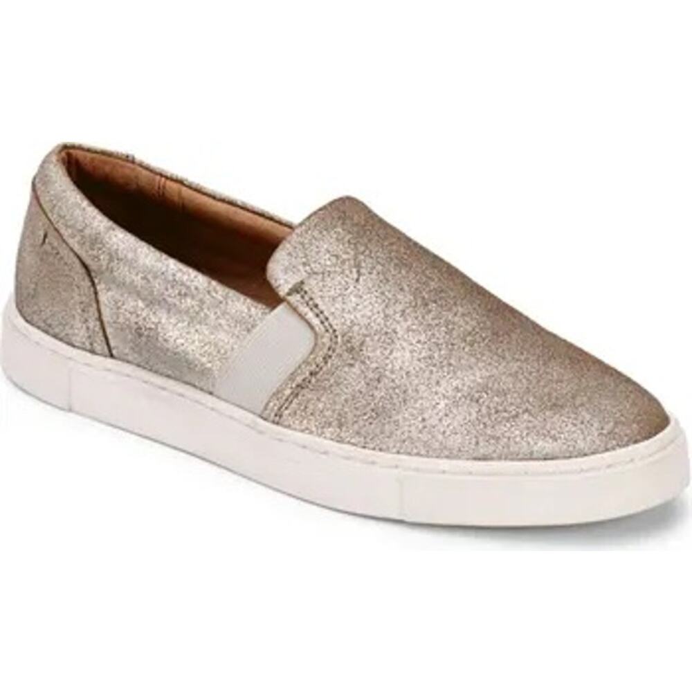 Frye Ivy Slip-On Leather Sneakers in Metallic Pewter Silver size 9